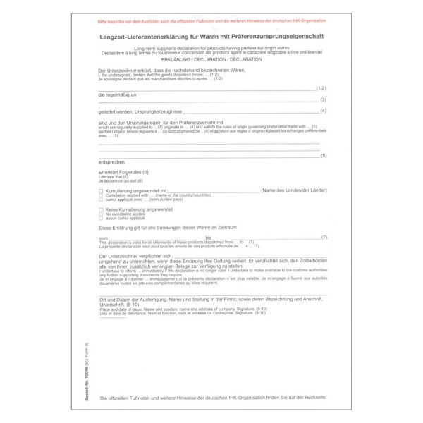 Langzeitlieferantenerklärung Formular zum Ausfüllen / LLE Lieferantenerklärung