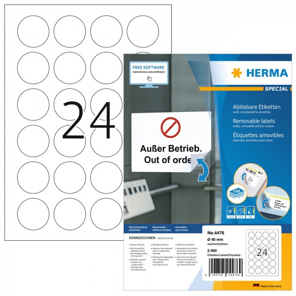 HERMA 4476 SPECIAL Etiketten ablösbar weiß 40 mm rund